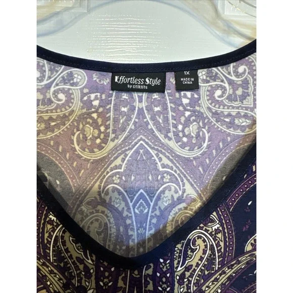 EFFORTLESS STYLE BY CITIKNITS QVC LONG SLEEVE V-NECK TUNIC PAISLEY NAVY 1X EUC - Picture 2 of 8